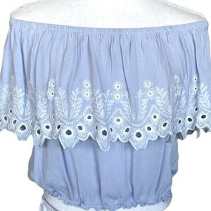 Self Esteem Blue Chambray Ruffled Off Shoulder Cropped Top White Embroidery Sz L